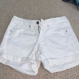 Mission denim mid rise midi super stretch white jean shorts